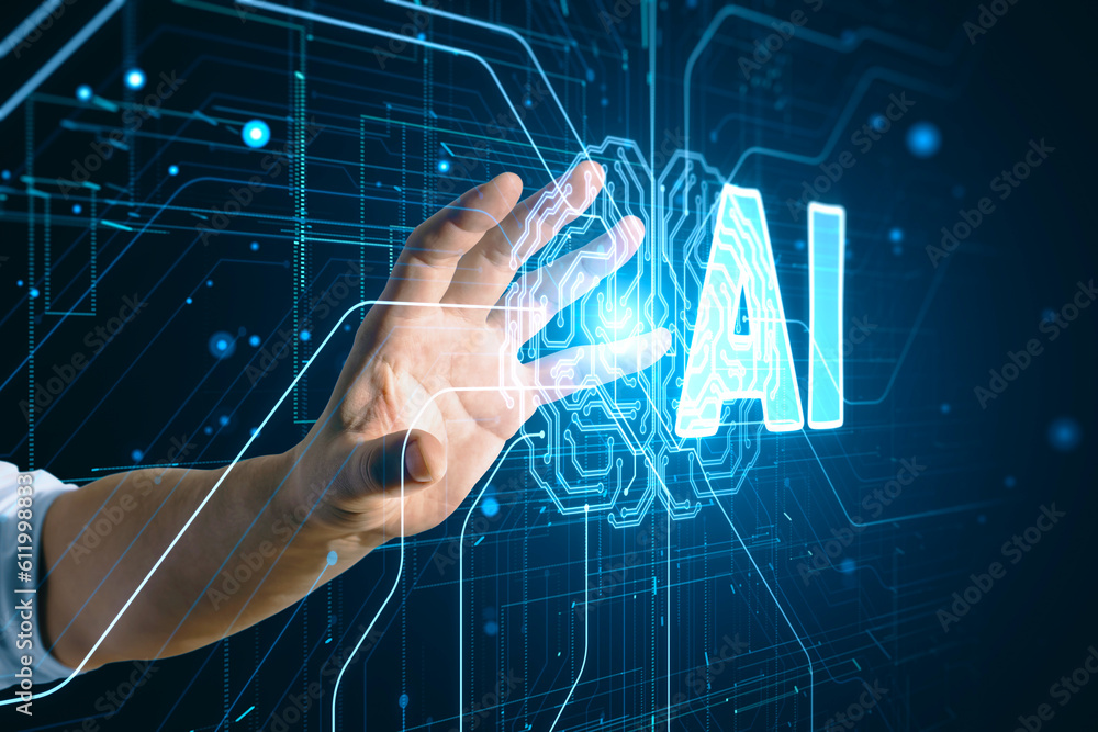 Poster Artificial intelligence training, internet and network concept with man hand on virtual touch screen with human brain circuit and ai sign on dark technological background