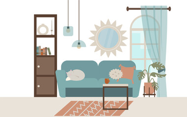 Living room interior with furniture, sofa, armchair, coffee table, window and plant. Flat style vector illustration.