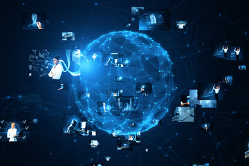 Fototapeta premium Connecting businesspeople, video conference concept. Abstract blue globe with polygonal mesh and images on blurry background. 3D Rendering.