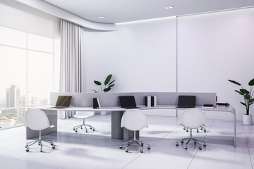 Stylish open space office with comfortable work places, white wheel chairs, modern laptops, city view from big window and light wall background. 3D rendering