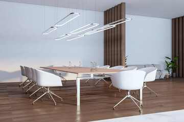 Modern empty concrete and wooden meeting room interior with decorative plants, furniture and other objects. 3D Rendering.