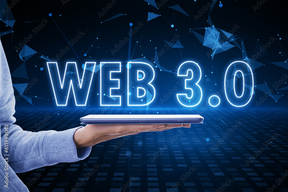 Poster Future of the Internet, blockchain, computing and meta concept with glowing web 3.0 sign above human hand with digital tablet on blue technological background