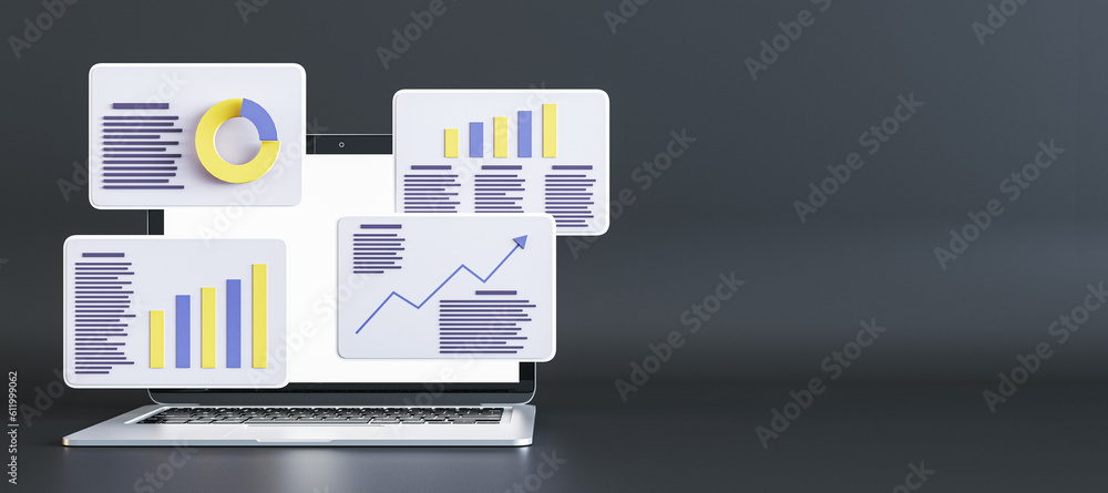 Poster Project statistics, financial data, sales charts, report preparation and data synchronization on digital windows and laptop on dark background with place for advertising poster. 3D rendering, mockup