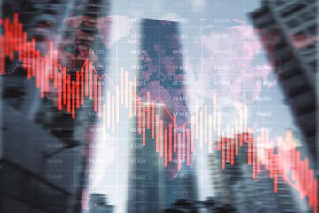 Real estate market crisis concept with red falling graph and blur city on background, double exposure