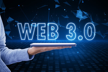 Future of the Internet, blockchain, computing and meta concept with glowing web 3.0 sign above...