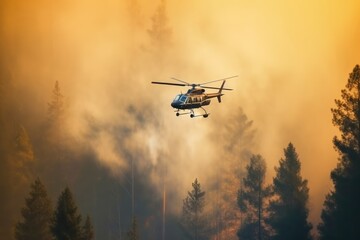 Fototapeta na wymiar Helicopter extinguishes a forest fire. Forest fire disaster. Wildfire nature destruction. Generative AI