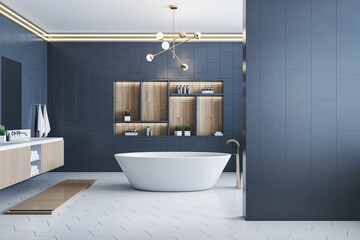 Naklejka na ściany i meble Modern blue tile luxury bathroom interior with mock up place on wall, bath tub, shelves and decorative items. 3D Rendering.