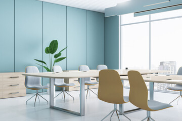 Clean blue meeting room interior with furniture and panoramic window with city view. 3D Rendering.
