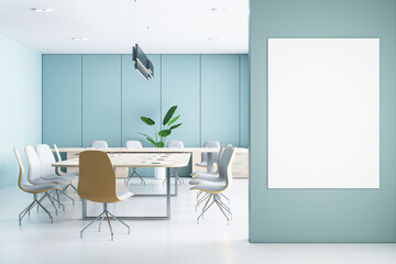Modern blue meeting room interior with blank white mock up banner on wall, furniture and panoramic window with city view. 3D Rendering.