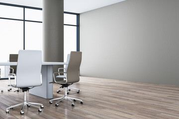 Modern spacious meeting room interior with blank mock up place on wall, white chairs, wooden parquet flooring and panoramic window with city view. 3D Rendering.