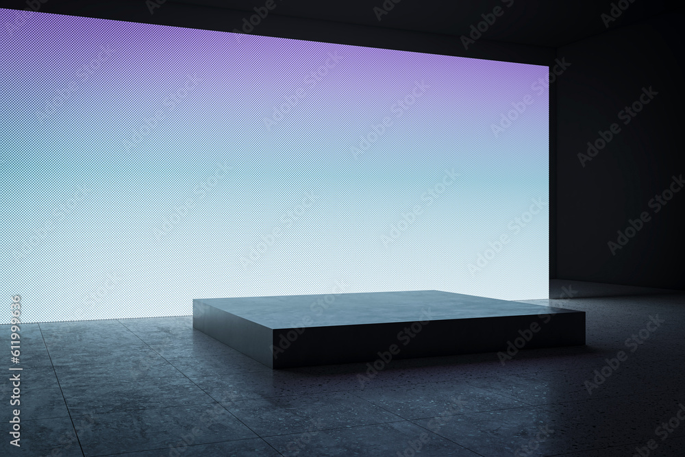 Aufkleber Perspective view of blank blue digital screen wall and concrete floor with square stand background. 3D Rendering