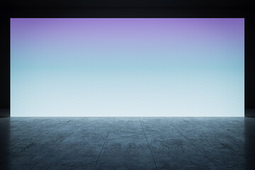 Blank blue digital screen wall and concrete floor background. 3D Rendering