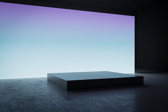 Perspective view of blank blue digital screen wall and concrete floor with square stand background. 3D Rendering