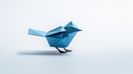 Cool Blue Origami Bird Paper Art in Isolated White Background. With Licensed Generative AI Technology Assistance.,
