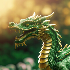 Statuette of a green wooden dragon against a background of golden festive bokeh.Symbol of 2024. Chinese New Year. Generative AI.