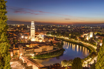 Fototapeta na wymiar Night view of Verona, Italy from the hill of San Pietro.