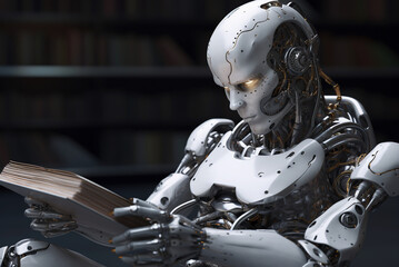 Fototapeta premium The robot is reading a book. Machine learning.