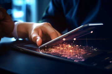 programmer test coding technologies with mobile phone for comparing mobile and desktop website. User experience concept.