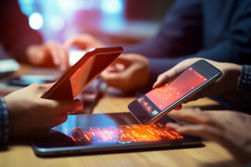 programmer test coding technologies with mobile phone for comparing mobile and desktop website. User experience concept.