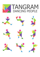 Set of vector tangram puzzles (geometric puzzle) for the development of logical thinking of children and adults. Collection of 9 color Dancing people silhouettes. Vector illustration