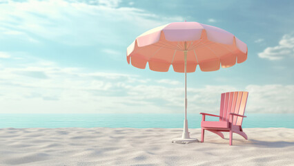 Cute color of umbrella and beach chair at summer tropical beach background.