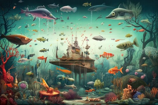 Whimsical underwater scene with floating animals and surreal aquatic landscapes, mix of fantasy and reality. Generative AI