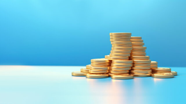 Stack of coins on table in pastel room with copy space background. Money saving management concept.