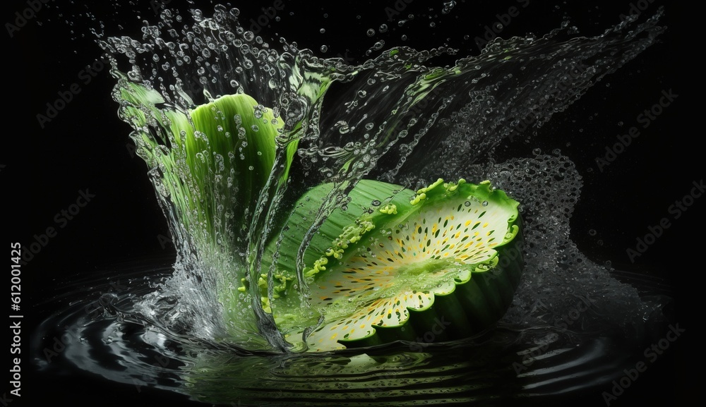 Poster slices of cucumber falling into a bowl of water on a pitch-black backdrop. generative ai