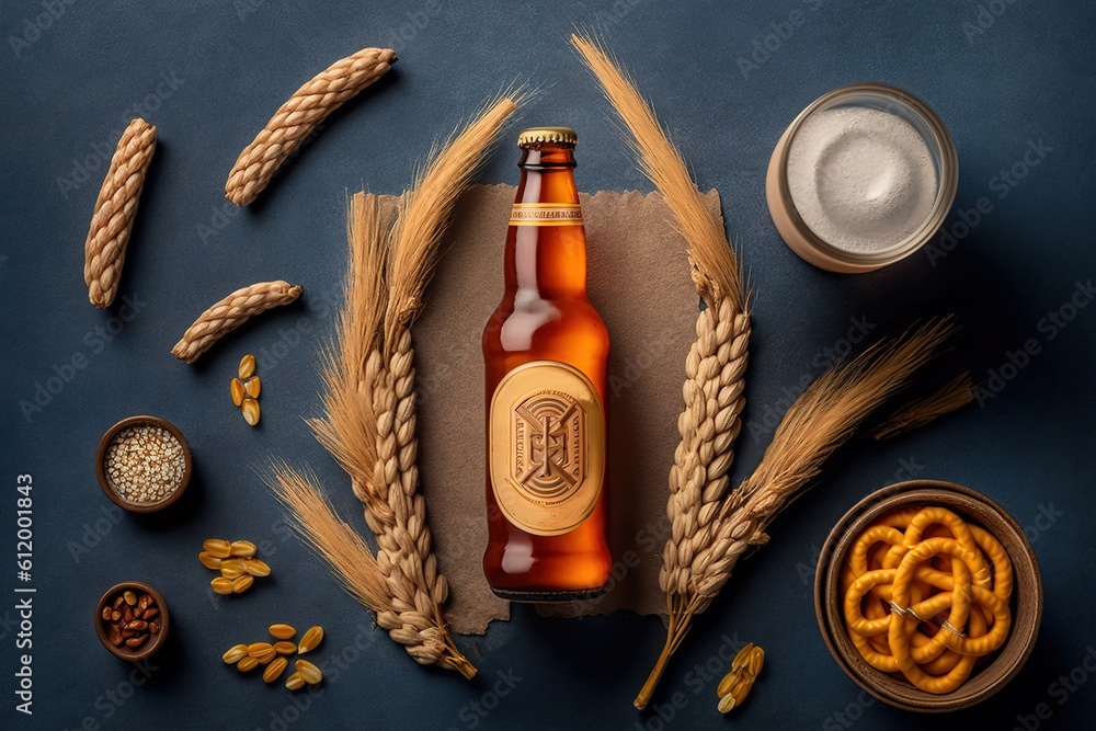 Aufkleber beer bottle against a background of wheat and pretzels in a flat setting generative ai