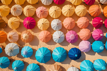 Fototapeta na wymiar Top down aerial view of colourful beach umbrellas, summer tropical holiday vacation concept. 