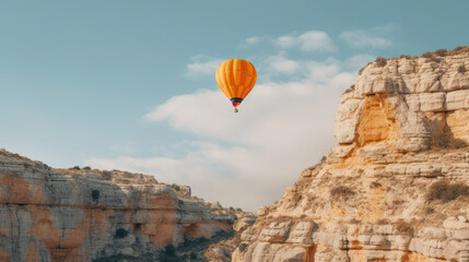 Fototapeta na wymiar Sky High Hot Air Balloon Flying Over a Rocky Cliff from a Distance. Portrays Adventures, Dreams, and Bucket Lists. With Licensed Generative AI Technology Assistance.