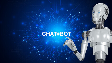 Obraz premium Chatbot are assistant conversation for provide access to data growth of business in online network, Robot application and global connection, AI, Artificial intelligence.