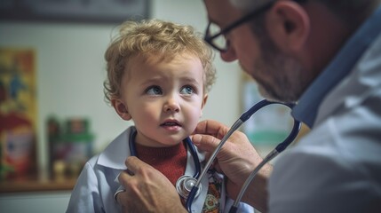 Generative AI happy doctor or pediatrician with baby at clinic - obrazy, fototapety, plakaty