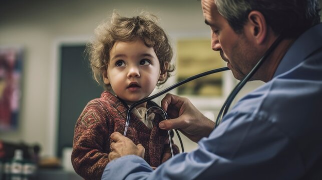 Generative AI happy doctor or pediatrician with baby at clinic