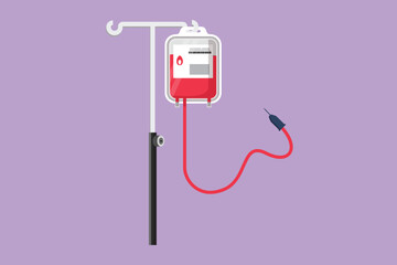 Character flat drawing blood bag with infusion pole logo, IV bag in trendy flat style. Infuse icon. Blood bag equipment for medicine, clinic and health care symbol. Cartoon design vector illustration - obrazy, fototapety, plakaty