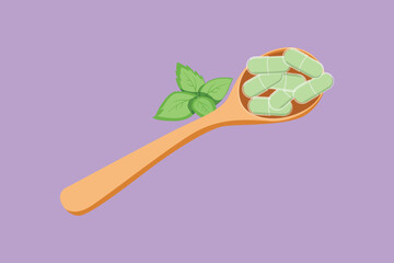 Cartoon flat style drawing herbal capsules on wooden spoon logo, icon, label, symbol. Herbs medicine in capsules from sweet basil. Vitamin capsule in a wooden spoon. Graphic design vector illustration