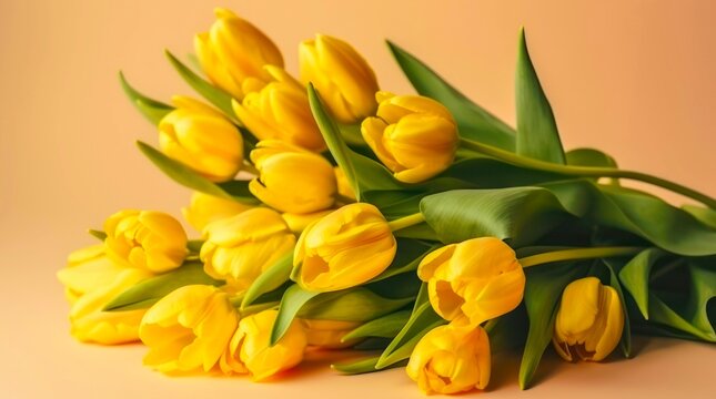 Bouquet of yellow tulips on yellow background. Generative AI.