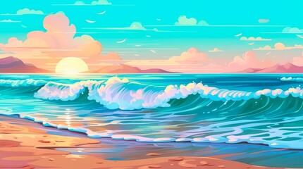 Fototapeta na wymiar Ocean waves washing the sand beach, cartoon illustration. Generative AI.