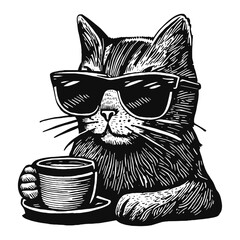 cool cat with a coffee cup sketch - obrazy, fototapety, plakaty