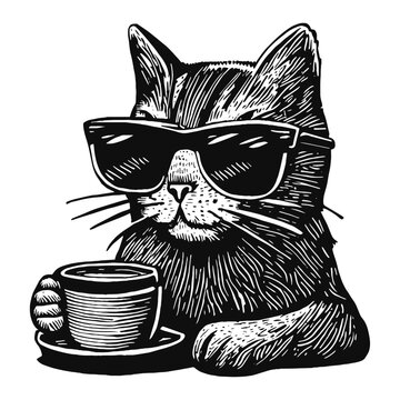 cool cat with a coffee cup sketch