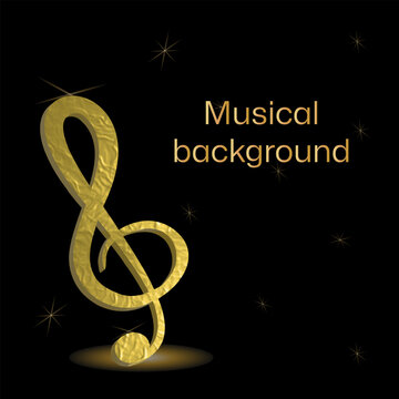 Musical background with clef and notes and 3D effects in gold tone on black background