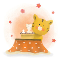 こたつでお餅を焼くトラのイラスト