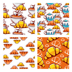 Vector patterns in cartoon style on the theme of tea and bakery.