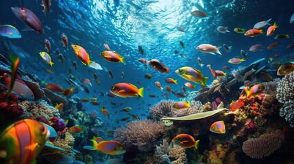 Naklejka na ściany i meble Fish swimming in coral reef 