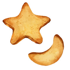 watercolor homemade cookies in the shape of a star and crescent moon, hand drawn illustration of baking biscuits isolated on white background © TATIANA