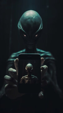 alien take a photo with a smart phone