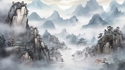 Ink landscape painting in Chinese style and watercolor landscape painting of gentle mountains and river