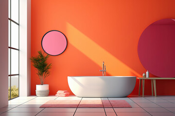 Naklejka na ściany i meble Luxury bathroom interior. Modern bathtub, vibrant colors. Generative AI
