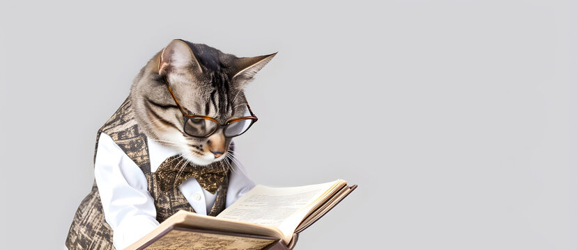 Cute pet cat with eyeglasses and opened book. AI generated.