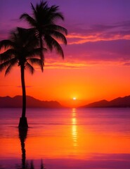 Beautiful sunset over the ocean. . The sun slowly sinks below the horizon. The horizon is outlined by the silhouettes palms and mountains. Generative AI.